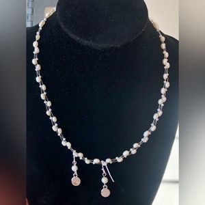 Necklace and pierced wire earring silver tone, faux pearl